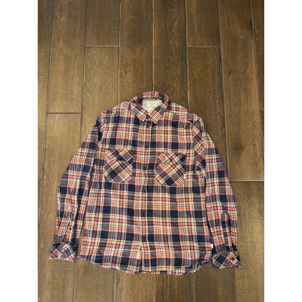 Quiksilver Flannel Shirt Small Navy Red Plaid Regular Fit Long Sleeve Surf Skate